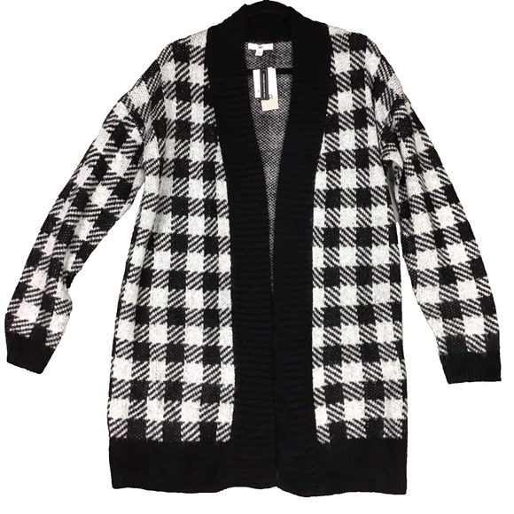 BP Women’s Cardigan L Black White Buffalo Check Plaid Open Front Sweater NWT - Picture 3 of 9
